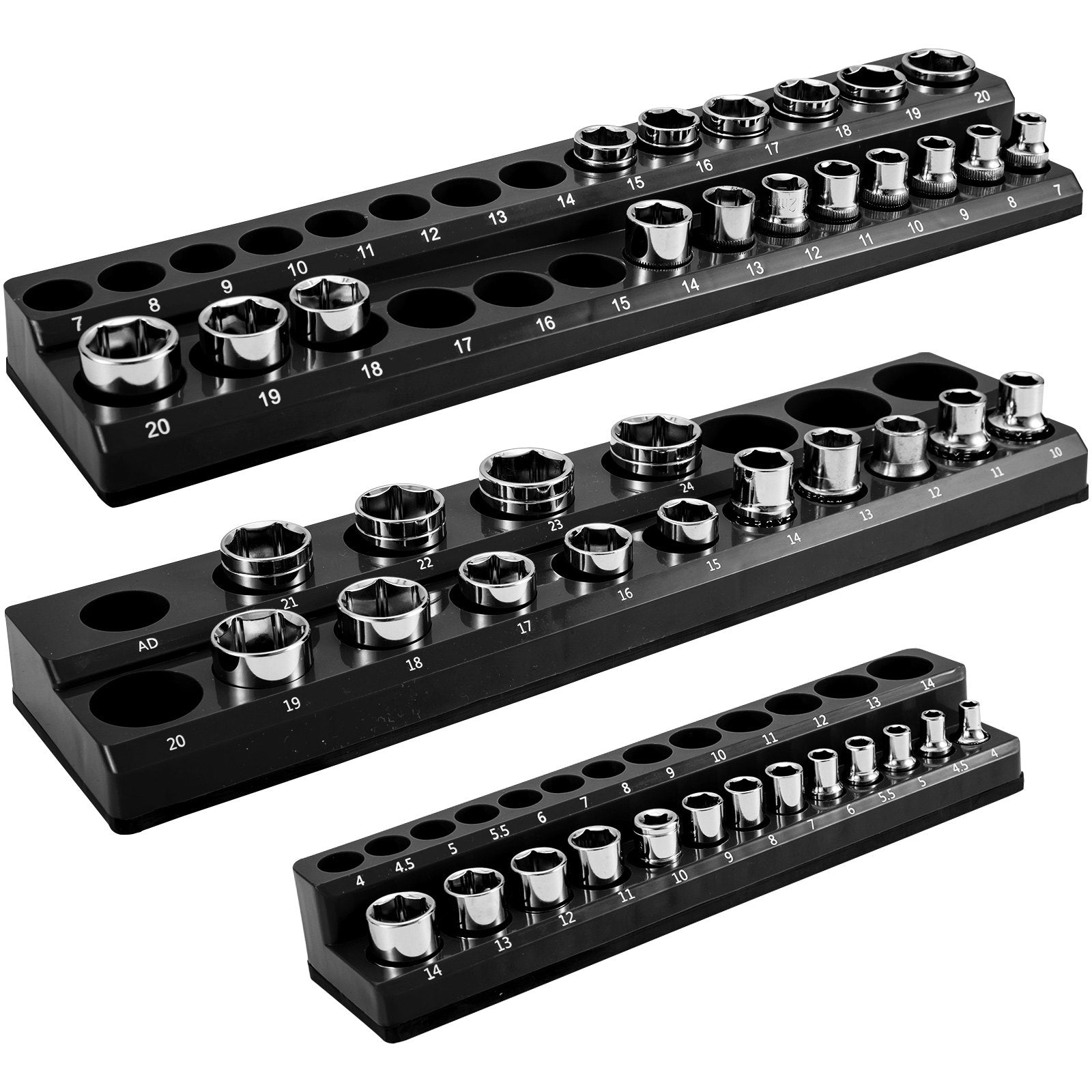 3-Pack Magnetic Metric Socket Organizer Set - 1/2", 3/8", 1/4" Drive Holders for 75 Sockets, Black ABS Tool Box Storage with High Visibility Markings