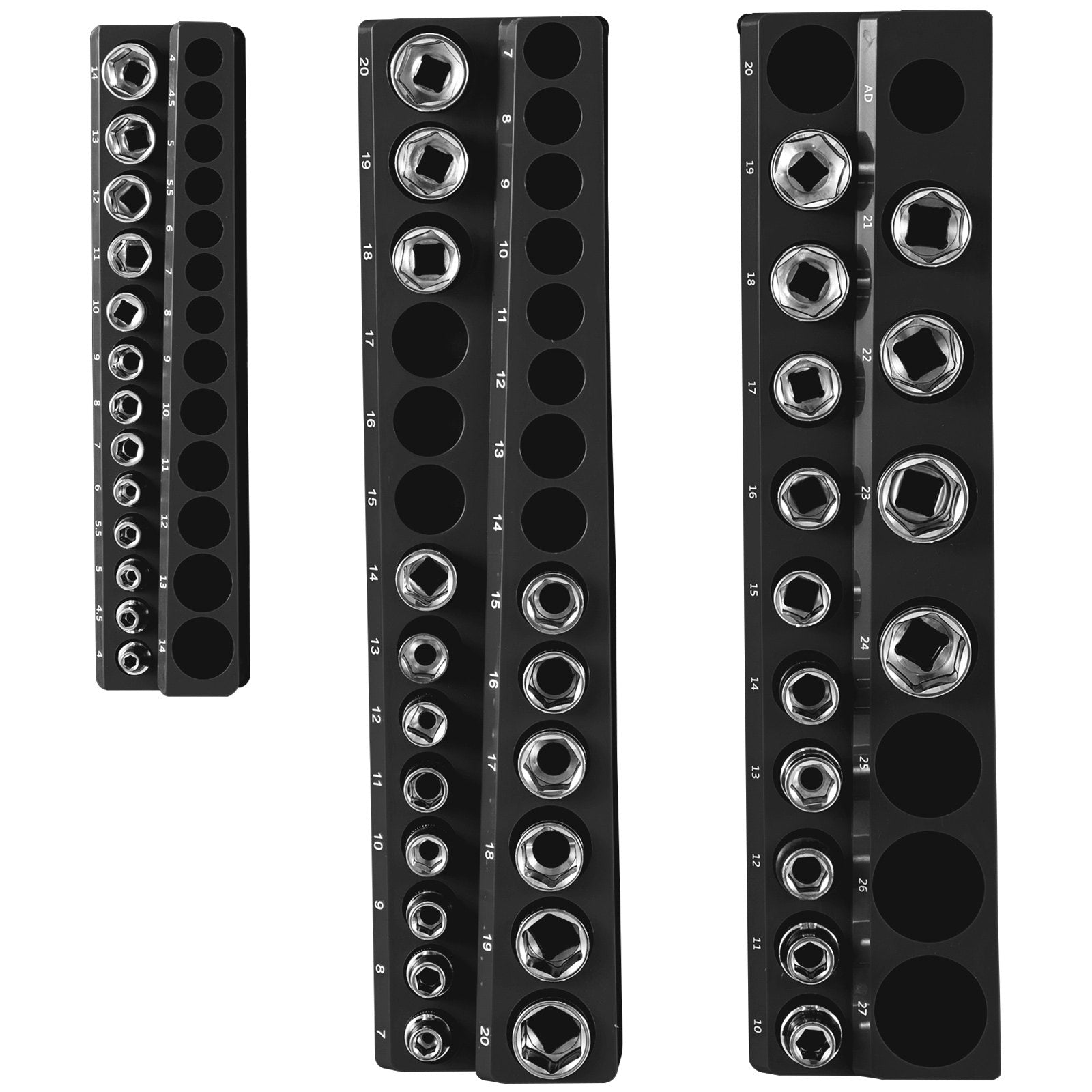 3-Pack Magnetic Metric Socket Organizer Set - 1/2", 3/8", 1/4" Drive Holders for 75 Sockets, Black ABS Tool Box Storage with High Visibility Markings