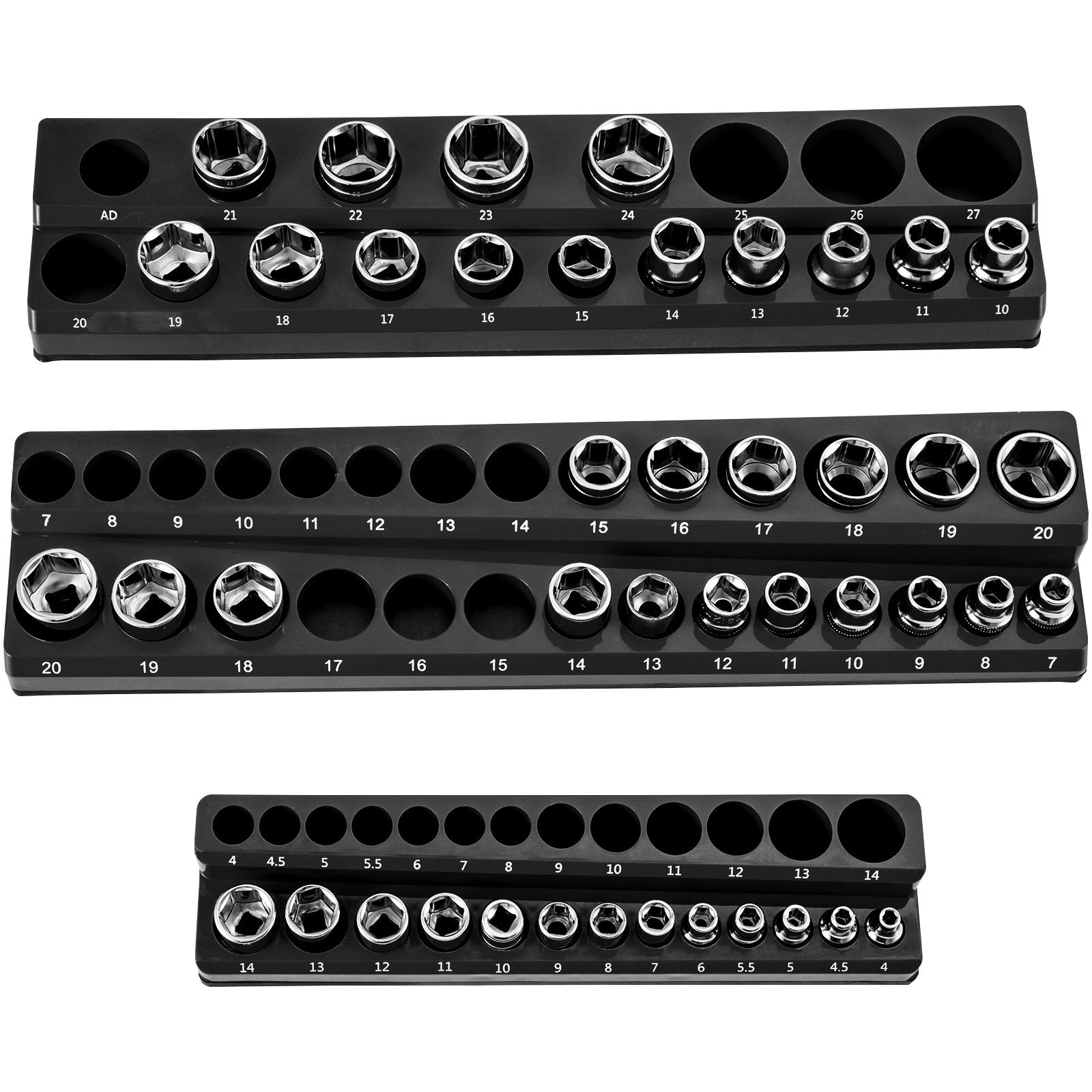 3-Pack Magnetic Metric Socket Organizer Set - 1/2", 3/8", 1/4" Drive Holders for 75 Sockets, Black ABS Tool Box Storage with High Visibility Markings