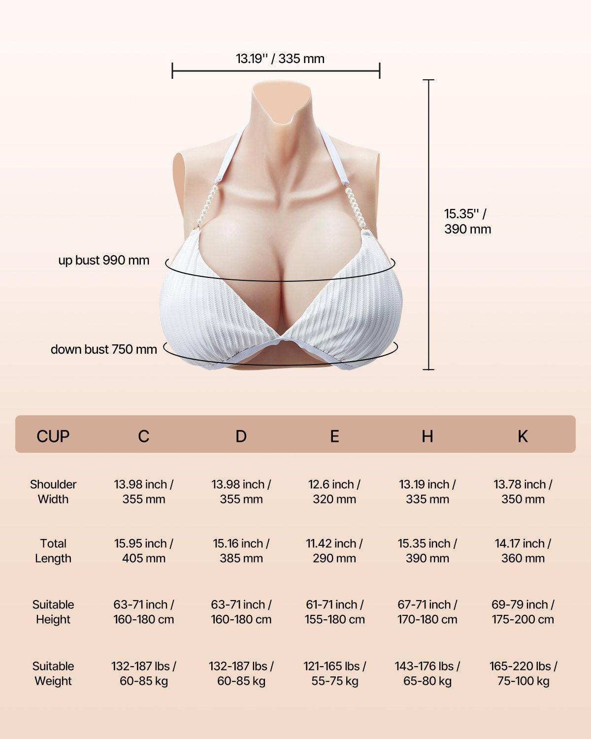 Realistic H-Cup Silicone Breastplate for Crossdressers - High Neckline, Perfect for Transgender, Drag Queen, Cosplay, Ivory Shade
