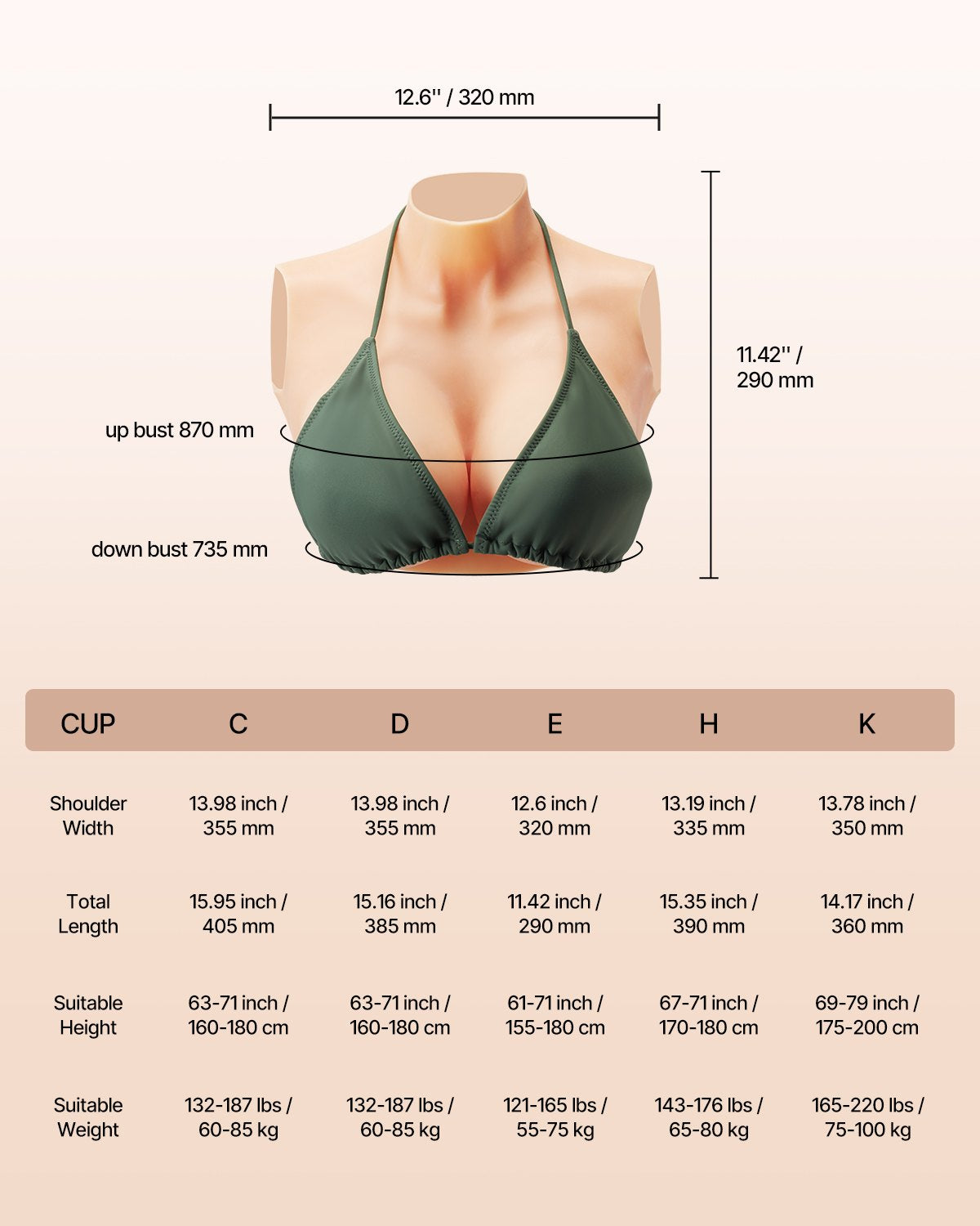 Silicone E-Cup Breastplate for Crossdressers and Transgender Cosplay - Realistic High Neckline Fake Breasts, Drag Queen Costume Accessory, Ivory