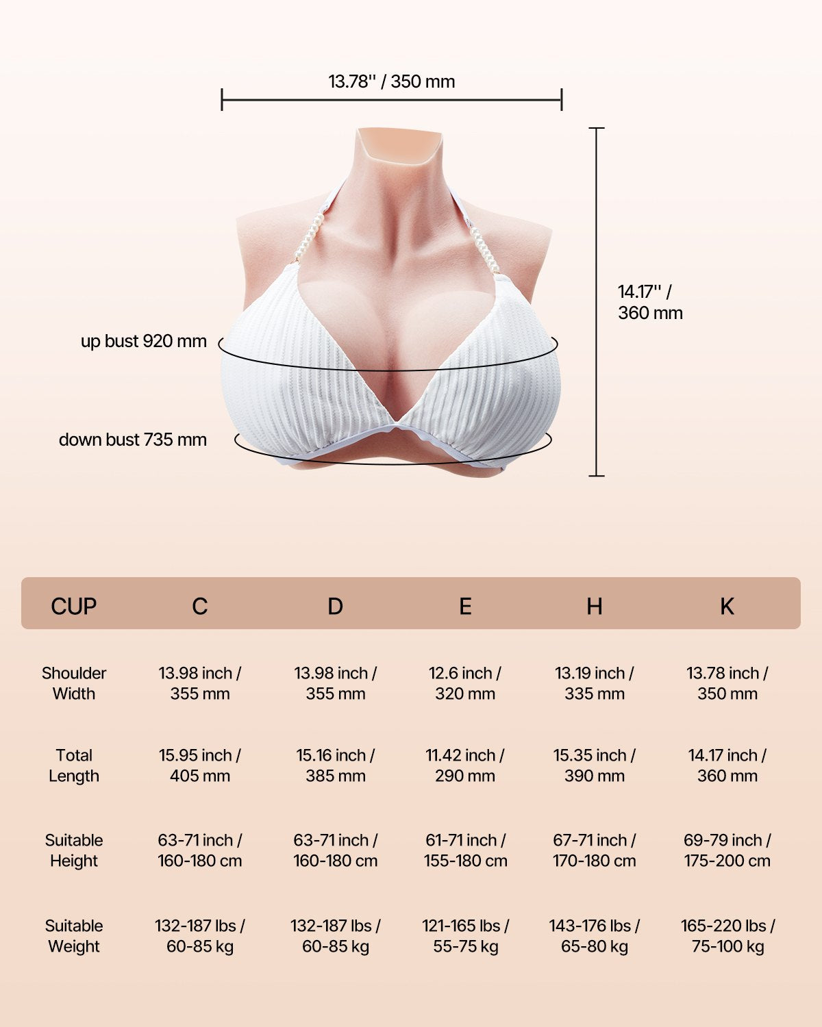 K Size High Neck Silicone Breastplate for Crossdressers, Realistic Fake Breasts for Transgender, Cosplay, Drag Queen in Ivory