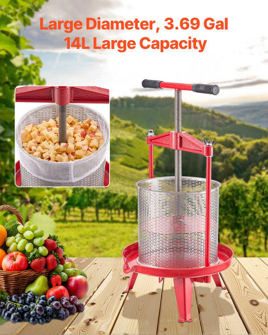Heavy-Duty 3.69 Gal/14L Fruit Wine Press: Stainless Steel, Manual Juice Maker for Cider, Apple, Grape, Tincture with T-Handle, Ideal for Home Kitchen