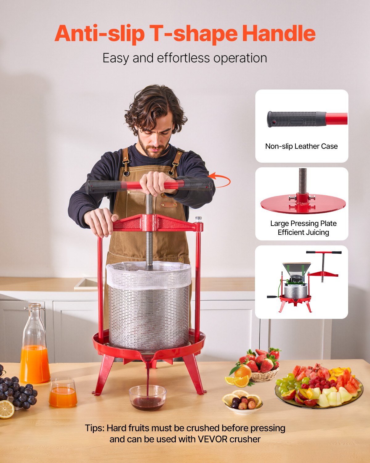 Heavy-Duty 3.69 Gal/14L Fruit Wine Press: Stainless Steel, Manual Juice Maker for Cider, Apple, Grape, Tincture with T-Handle, Ideal for Home Kitchen