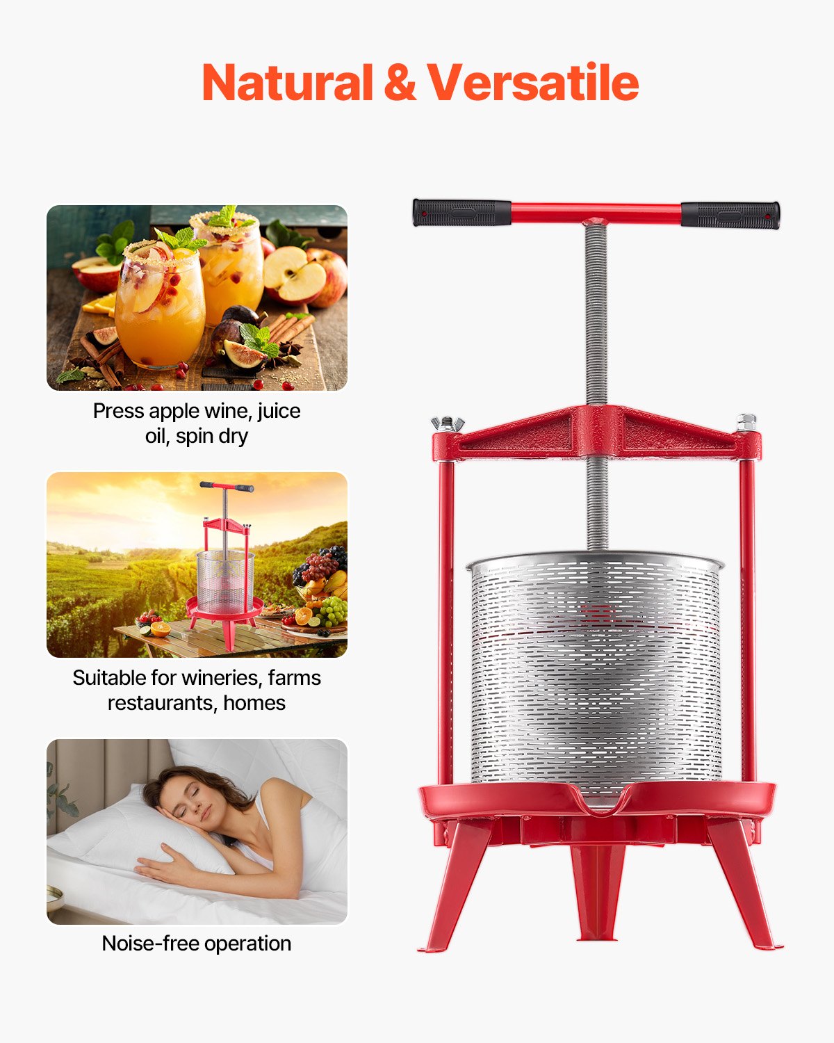 Heavy-Duty 3.69 Gal/14L Fruit Wine Press: Stainless Steel, Manual Juice Maker for Cider, Apple, Grape, Tincture with T-Handle, Ideal for Home Kitchen
