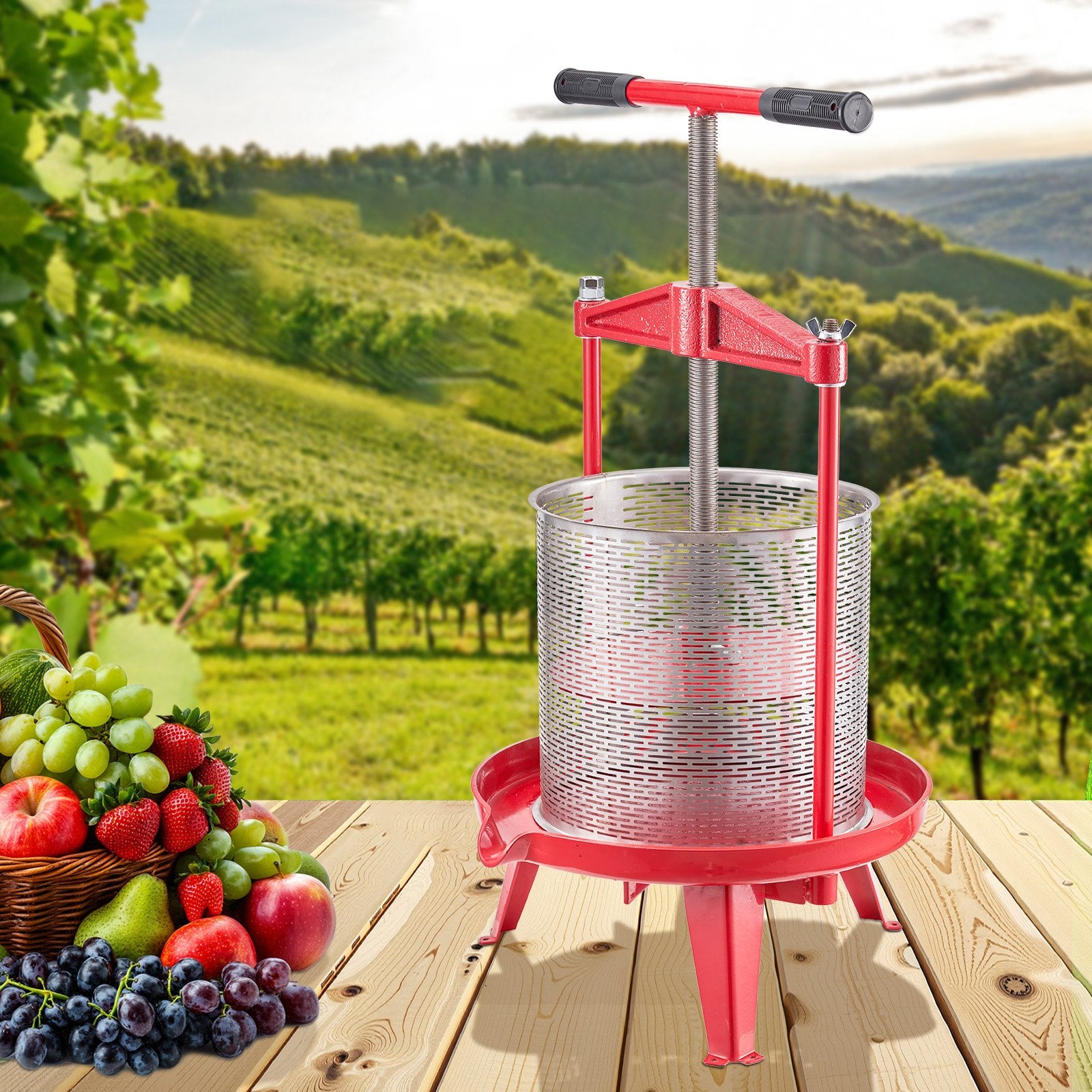 Heavy-Duty 3.69 Gal/14L Fruit Wine Press: Stainless Steel, Manual Juice Maker for Cider, Apple, Grape, Tincture with T-Handle, Ideal for Home Kitchen