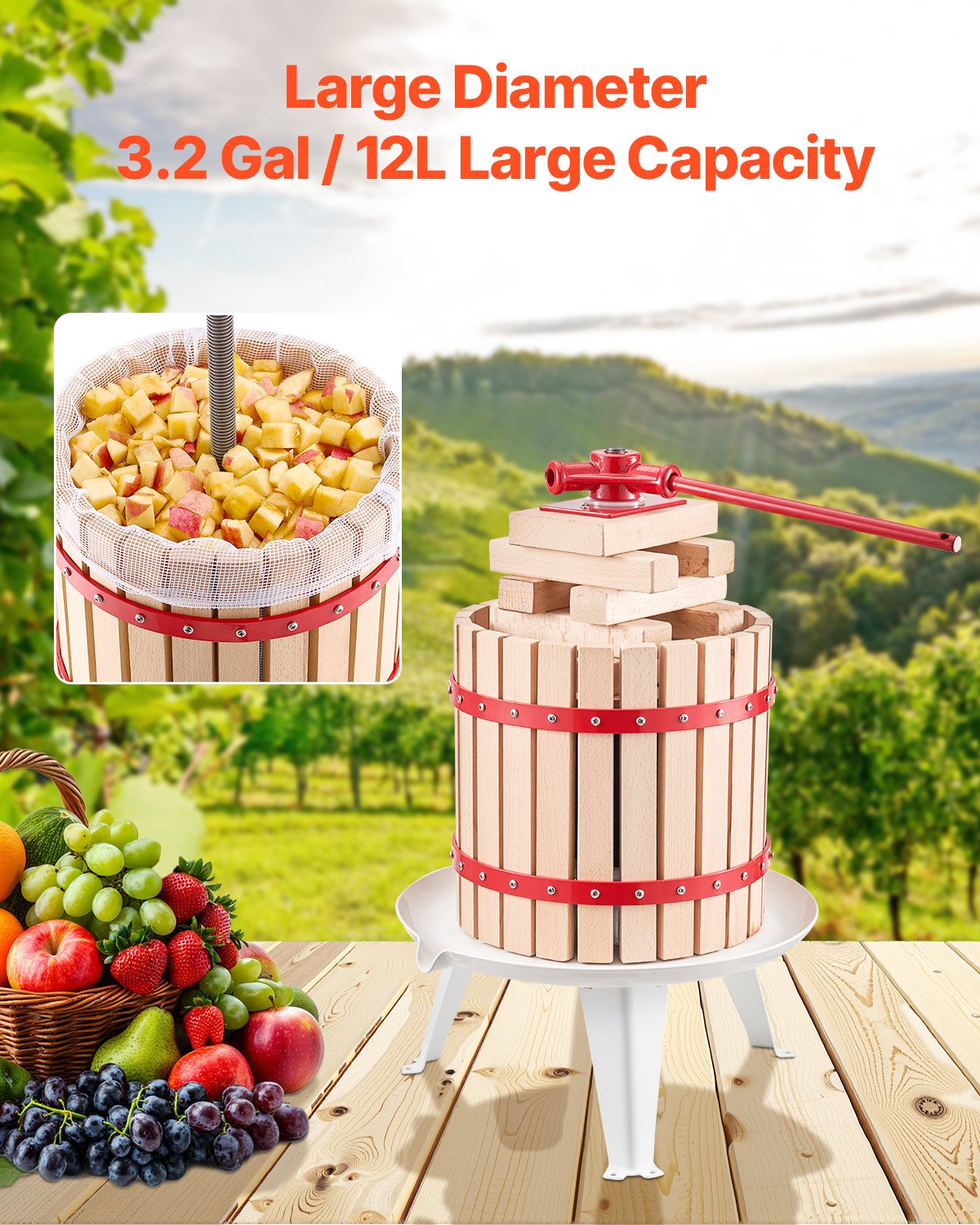 3.2 Gal/12L Manual Fruit Wine Press, Heavy Duty Juice Maker with Solid Wood Basket & Handle for Apple, Grape, Olive Oil, Cider, & Honey Extraction