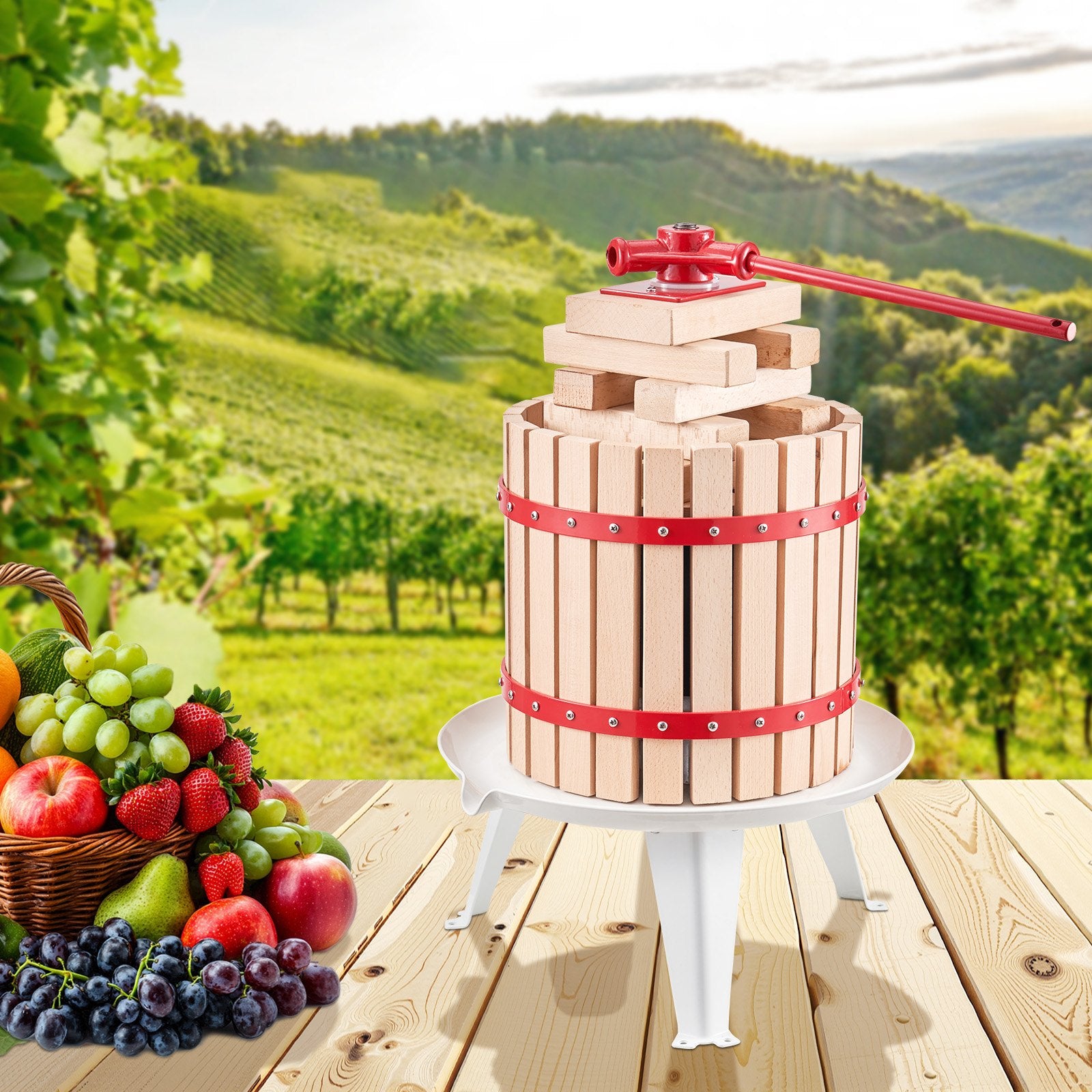3.2 Gal/12L Manual Fruit Wine Press, Heavy Duty Juice Maker with Solid Wood Basket & Handle for Apple, Grape, Olive Oil, Cider, & Honey Extraction
