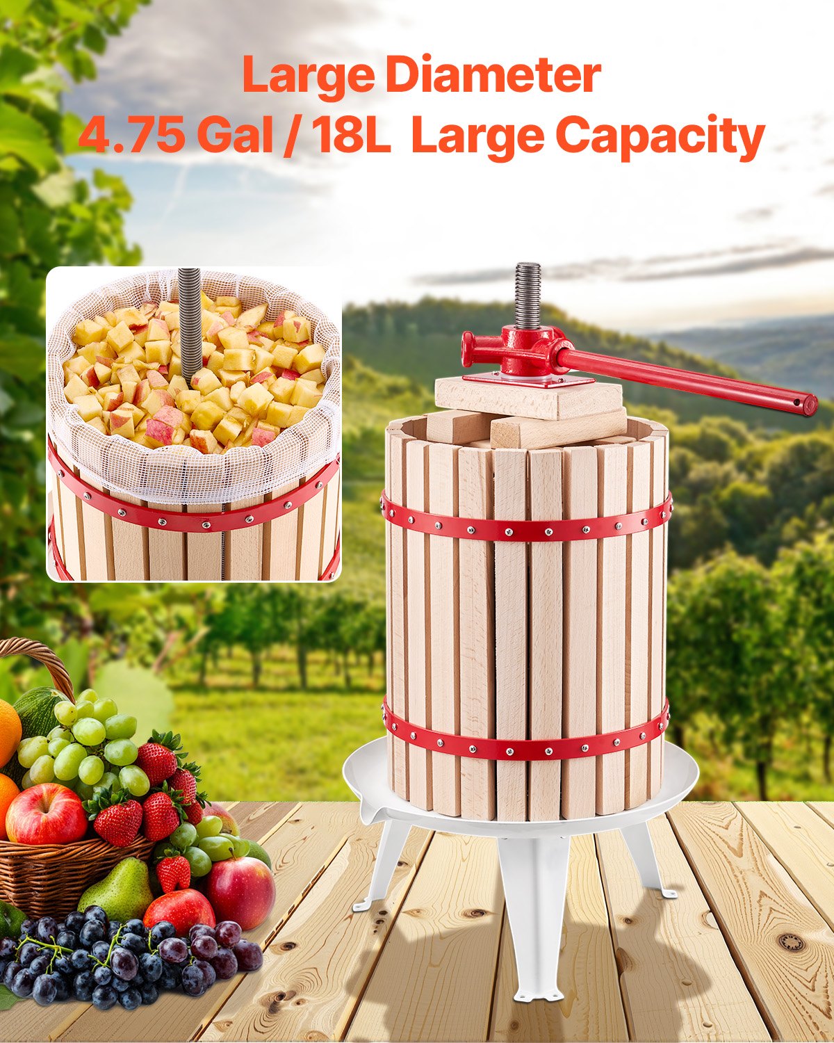 Heavy Duty 4.75 Gal Fruit Wine & Cider Press, Solid Wood Basket, Manual Juice Maker for Apple, Grape, Honey, Olive Oil & More