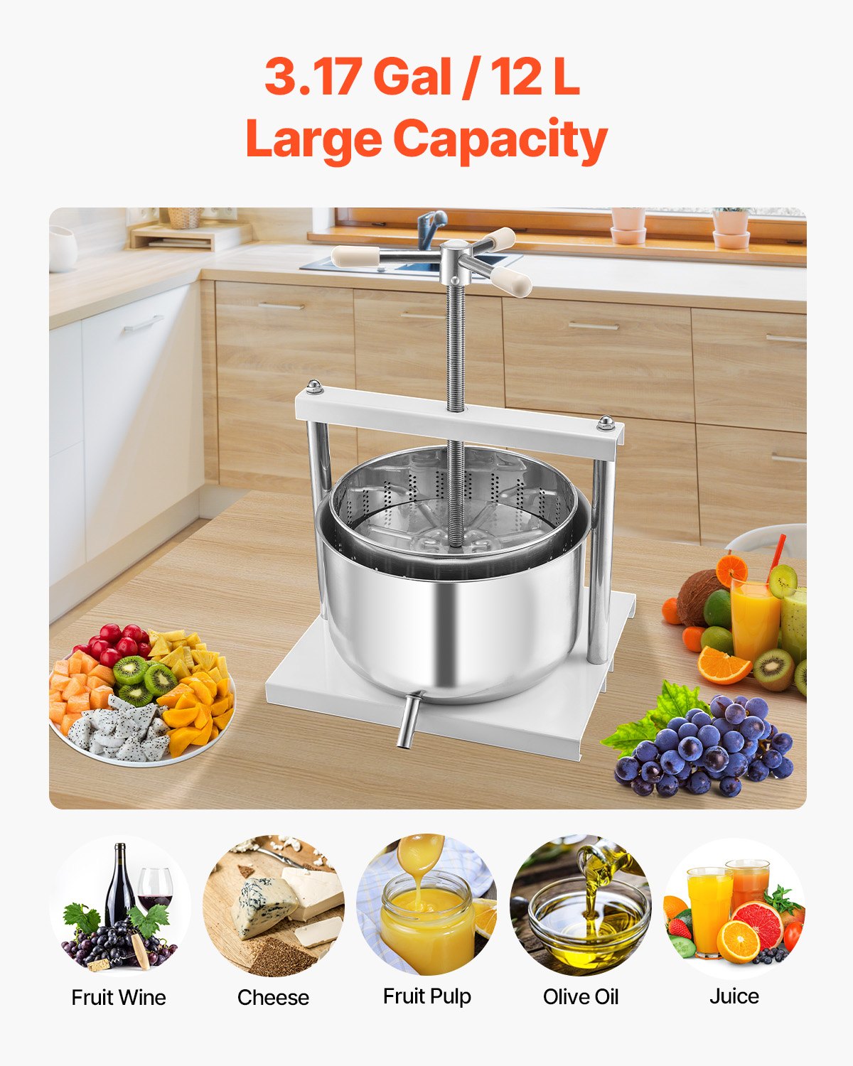 12L Fruit Wine Press with Dual Stainless Steel Barrels - Manual Juice Maker for Cider, Apple, Grape, Olive Oil & More, Ideal for Home & Outdoor Kitchen Use, Featuring Triangular Handle & Robust Design