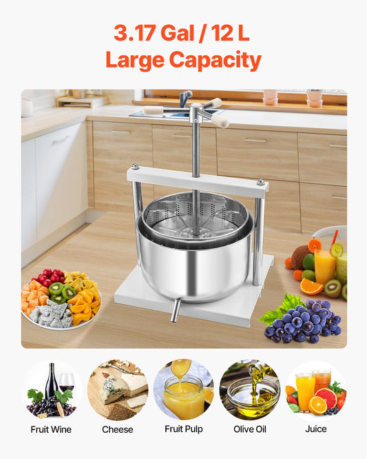 12L Fruit Wine Press with Dual Stainless Steel Barrels - Manual Juice Maker for Cider, Apple, Grape, Olive Oil & More, Ideal for Home & Outdoor Kitchen Use, Featuring Triangular Handle & Robust Design