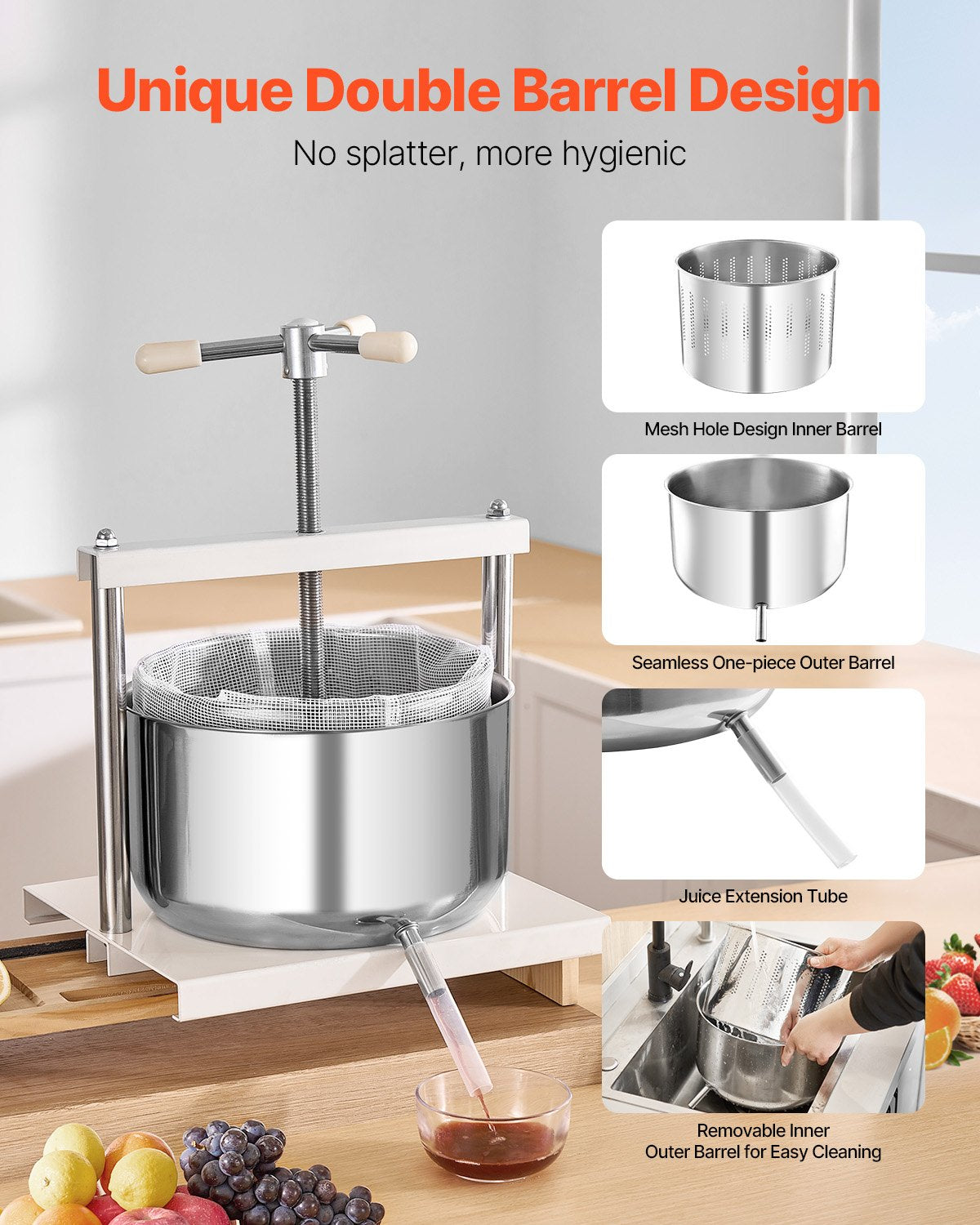 12L Fruit Wine Press with Dual Stainless Steel Barrels - Manual Juice Maker for Cider, Apple, Grape, Olive Oil & More, Ideal for Home & Outdoor Kitchen Use, Featuring Triangular Handle & Robust Design