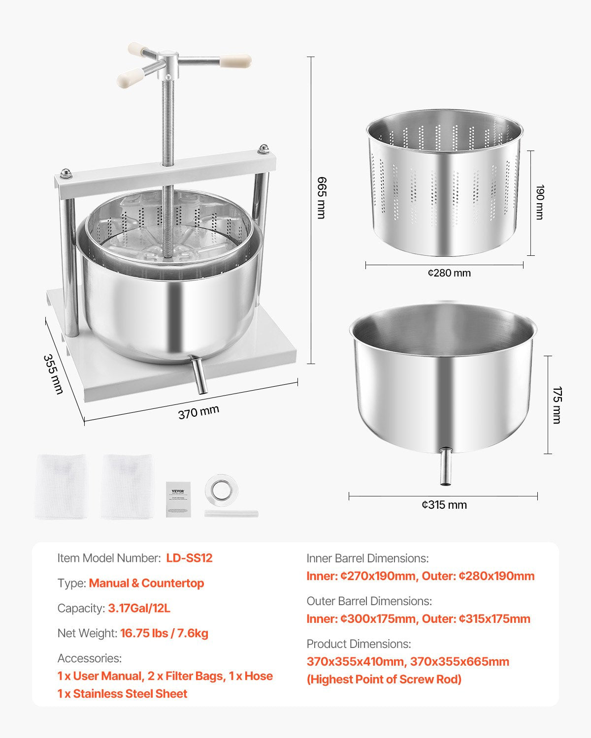 12L Fruit Wine Press with Dual Stainless Steel Barrels - Manual Juice Maker for Cider, Apple, Grape, Olive Oil & More, Ideal for Home & Outdoor Kitchen Use, Featuring Triangular Handle & Robust Design