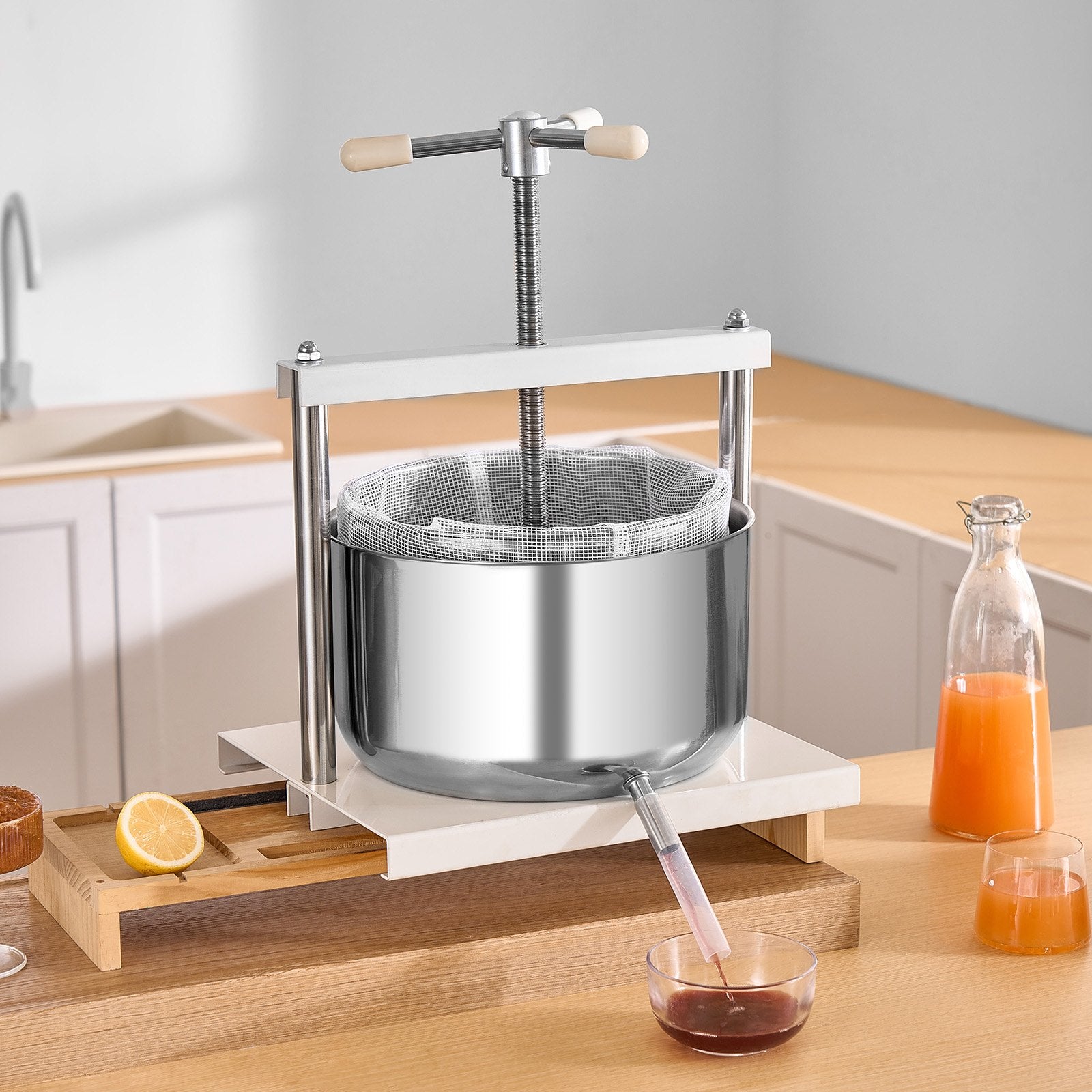 12L Fruit Wine Press with Dual Stainless Steel Barrels - Manual Juice Maker for Cider, Apple, Grape, Olive Oil & More, Ideal for Home & Outdoor Kitchen Use, Featuring Triangular Handle & Robust Design