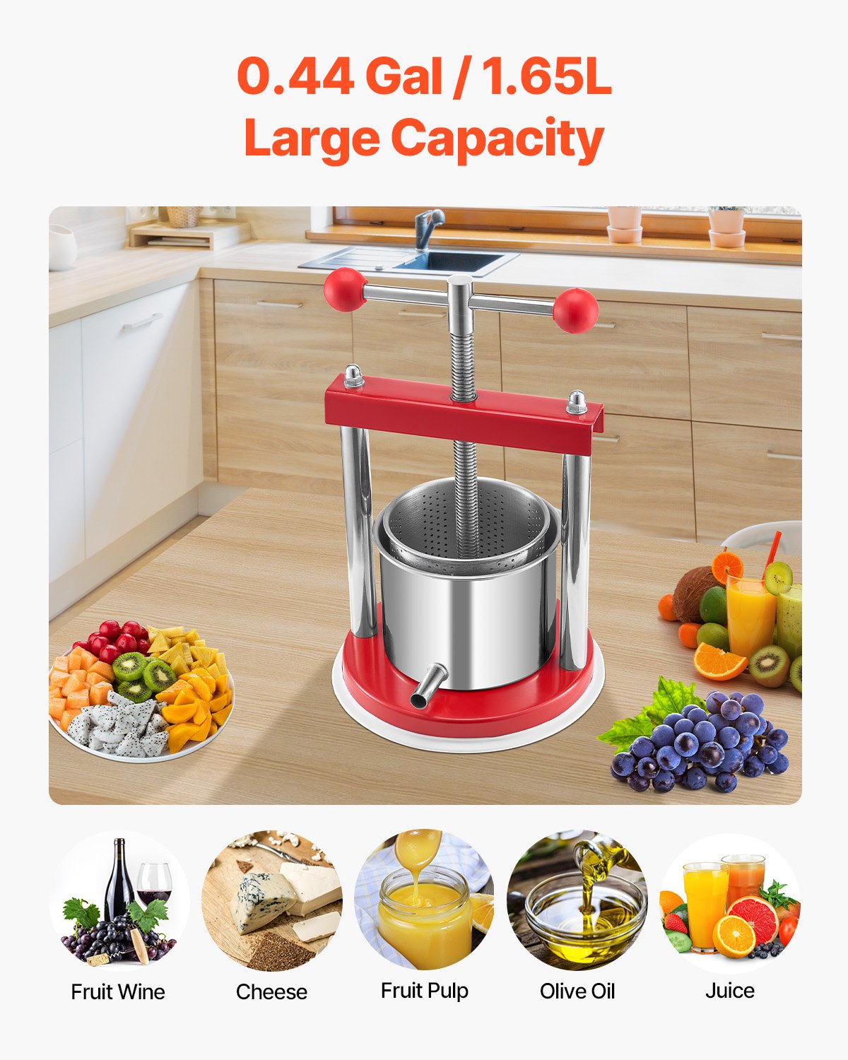 Compact 0.44 Gal Manual Fruit Wine Press with Dual Stainless Steel Barrels for Cider, Juice, and Oil Making – Ideal for Home and Outdoor Kitchens