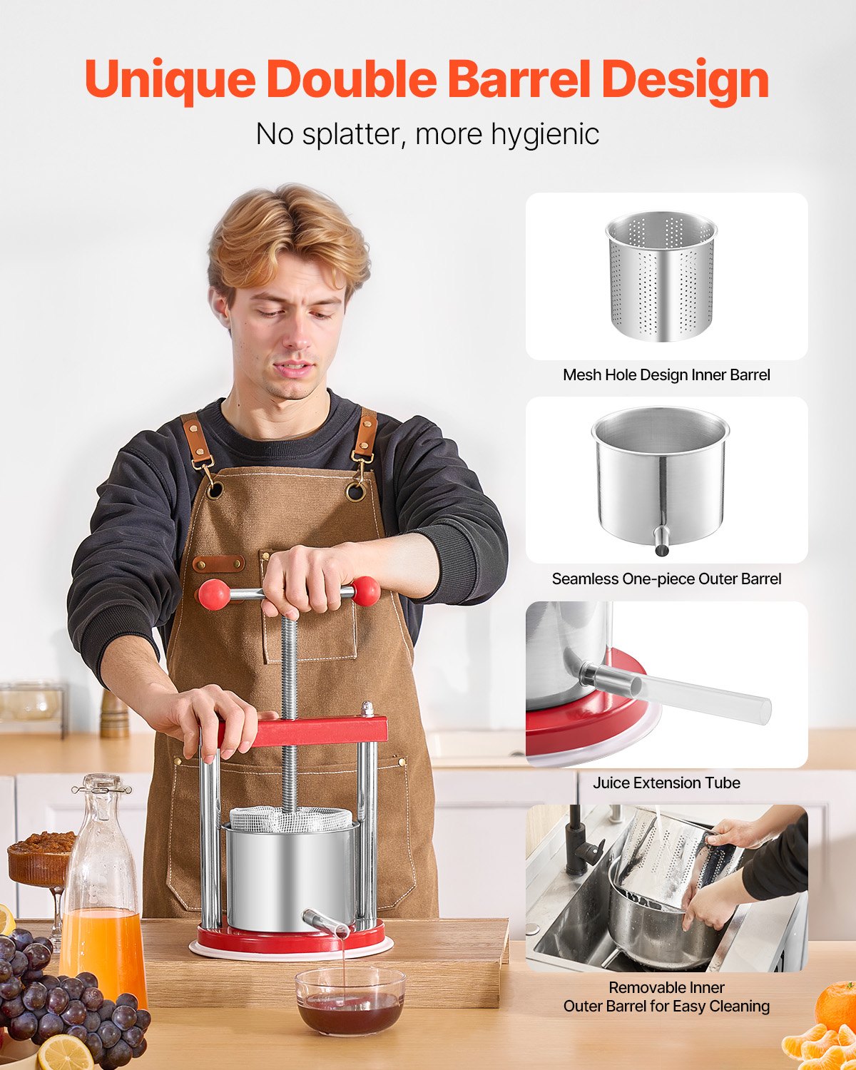 Compact 0.44 Gal Manual Fruit Wine Press with Dual Stainless Steel Barrels for Cider, Juice, and Oil Making – Ideal for Home and Outdoor Kitchens