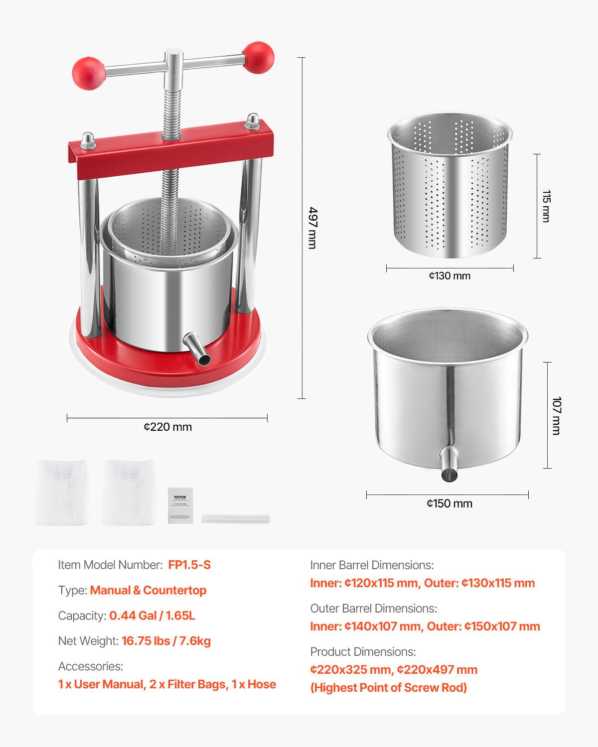 Compact 0.44 Gal Manual Fruit Wine Press with Dual Stainless Steel Barrels for Cider, Juice, and Oil Making – Ideal for Home and Outdoor Kitchens