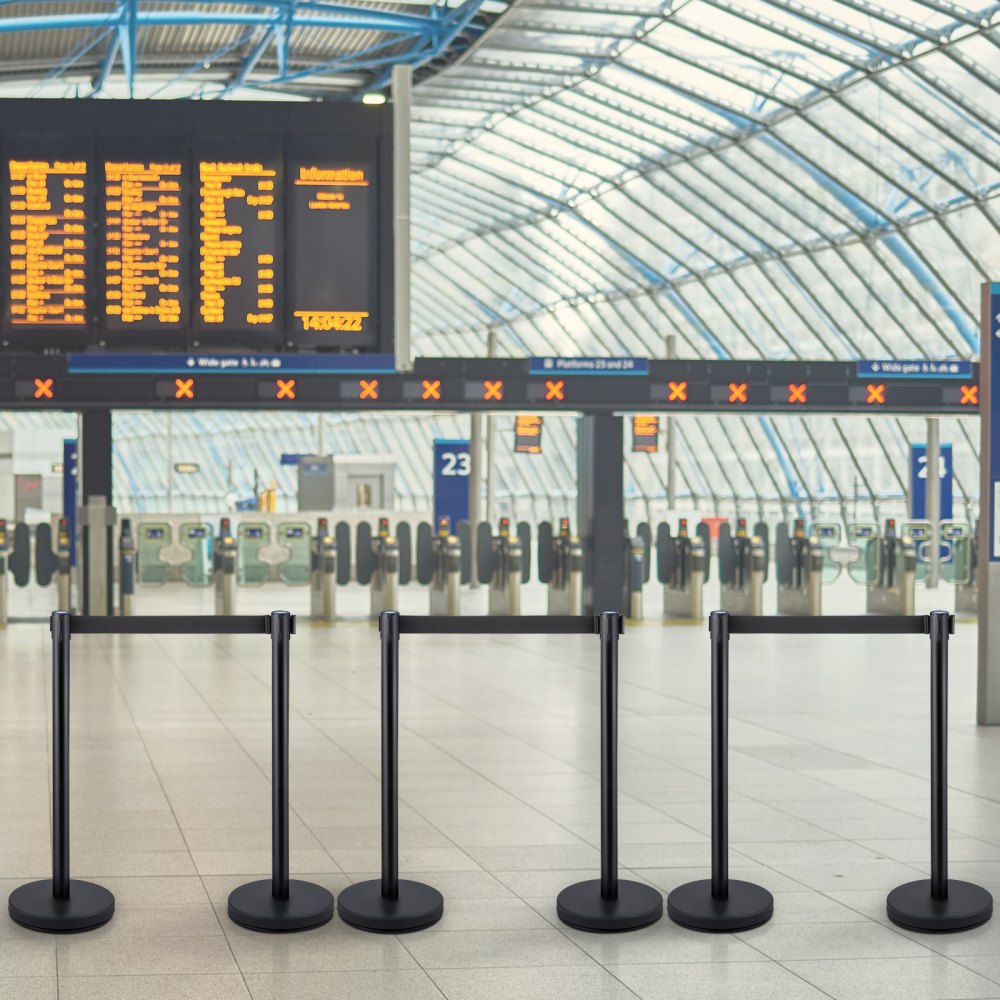 VEVOR 6 PCS Black Stanchion Posts Stainless Steel Stanchion Queue Post Black Belt Retractable 36In for Both Indoor and Outdoor use