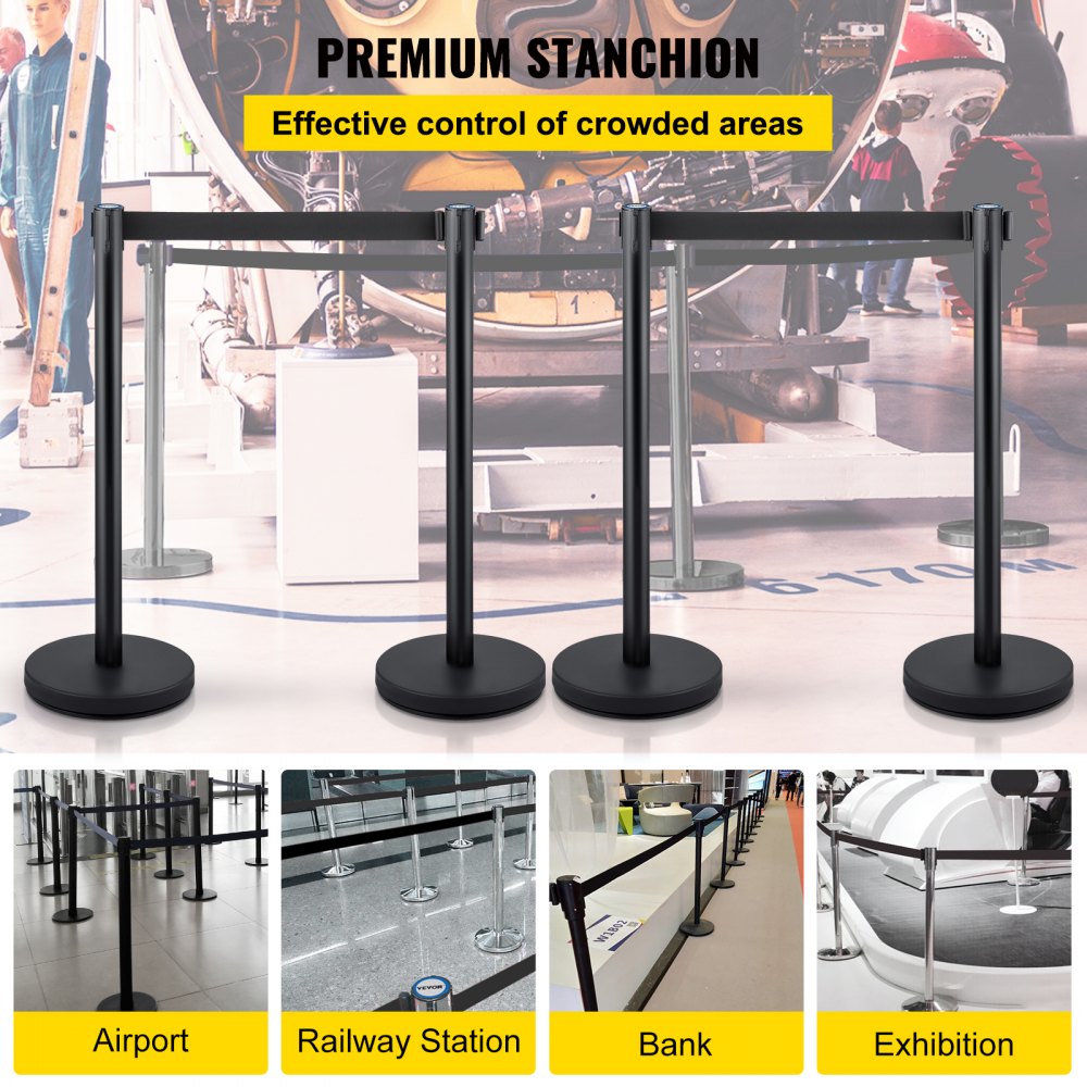 4-Piece Crowd Control Stanchion Set with 6.6 ft Retractable Black Belts