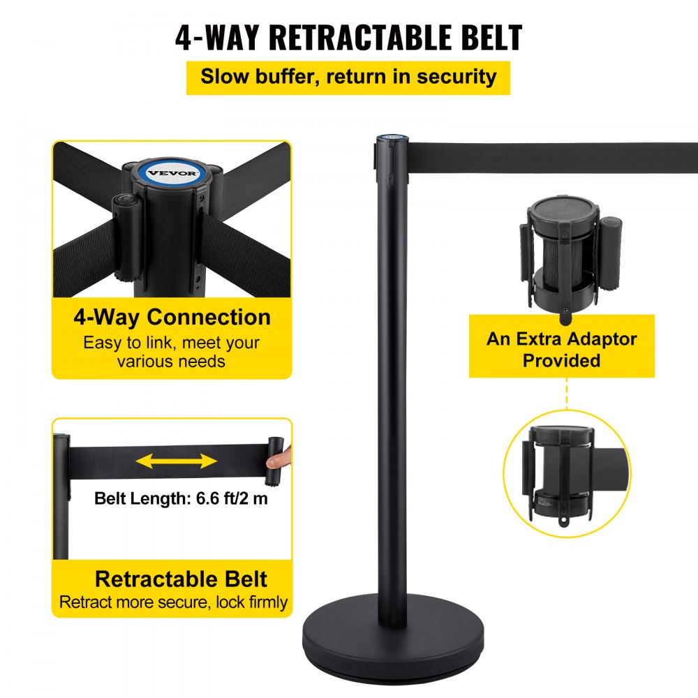 4-Piece Crowd Control Stanchion Set with 6.6 ft Retractable Black Belts
