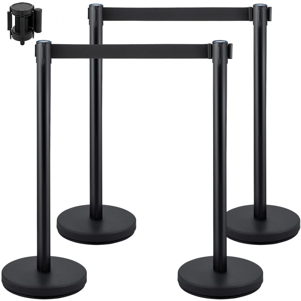 4-Piece Crowd Control Stanchion Set with 6.6 ft Retractable Black Belts
