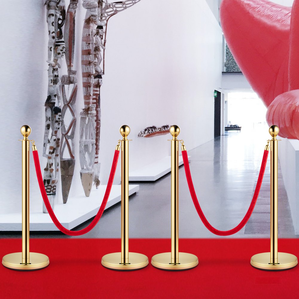 VEVOR 38 Inch Stanchion Posts Queue, Red Velvet Rope (3, Gold)