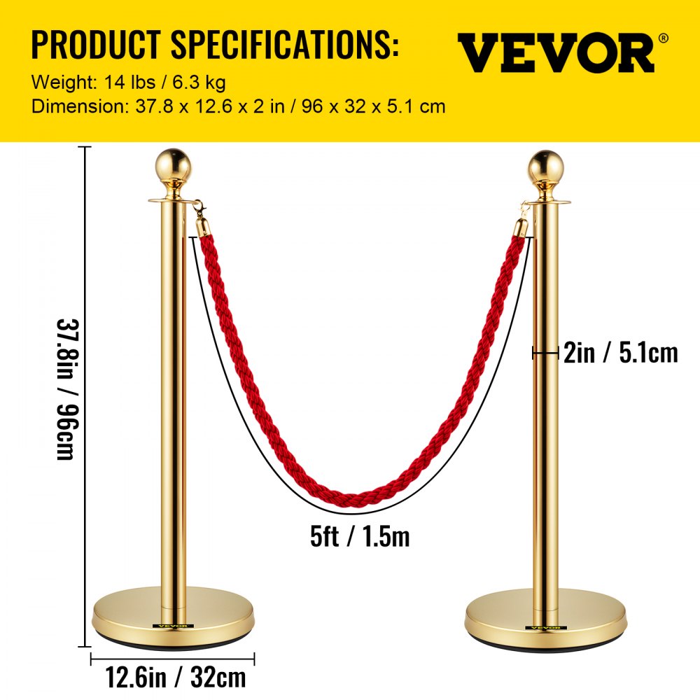 3pcs Red Twine Rope Stanchion Gold Post Crowd Control Queue Line Barrier 2 Lines