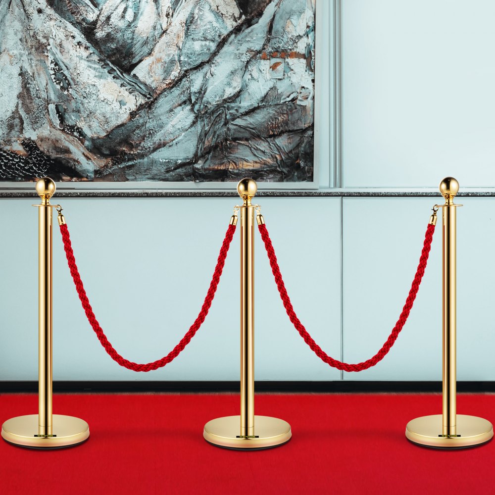 3pcs Red Twine Rope Stanchion Gold Post Crowd Control Queue Line Barrier 2 Lines