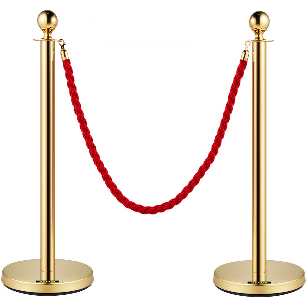 3pcs Red Twine Rope Stanchion Gold Post Crowd Control Queue Line Barrier 2 Lines