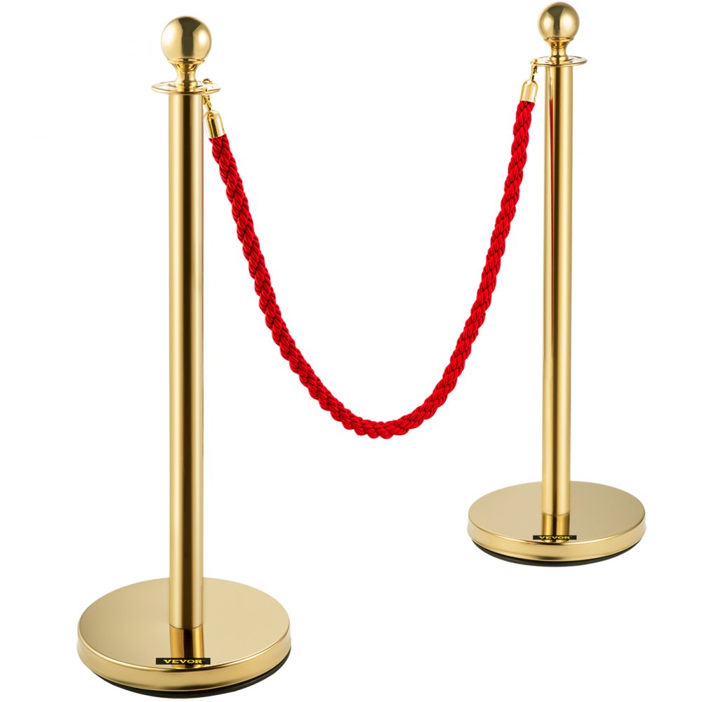 3pcs Red Twine Rope Stanchion Gold Post Crowd Control Queue Line Barrier 2 Lines