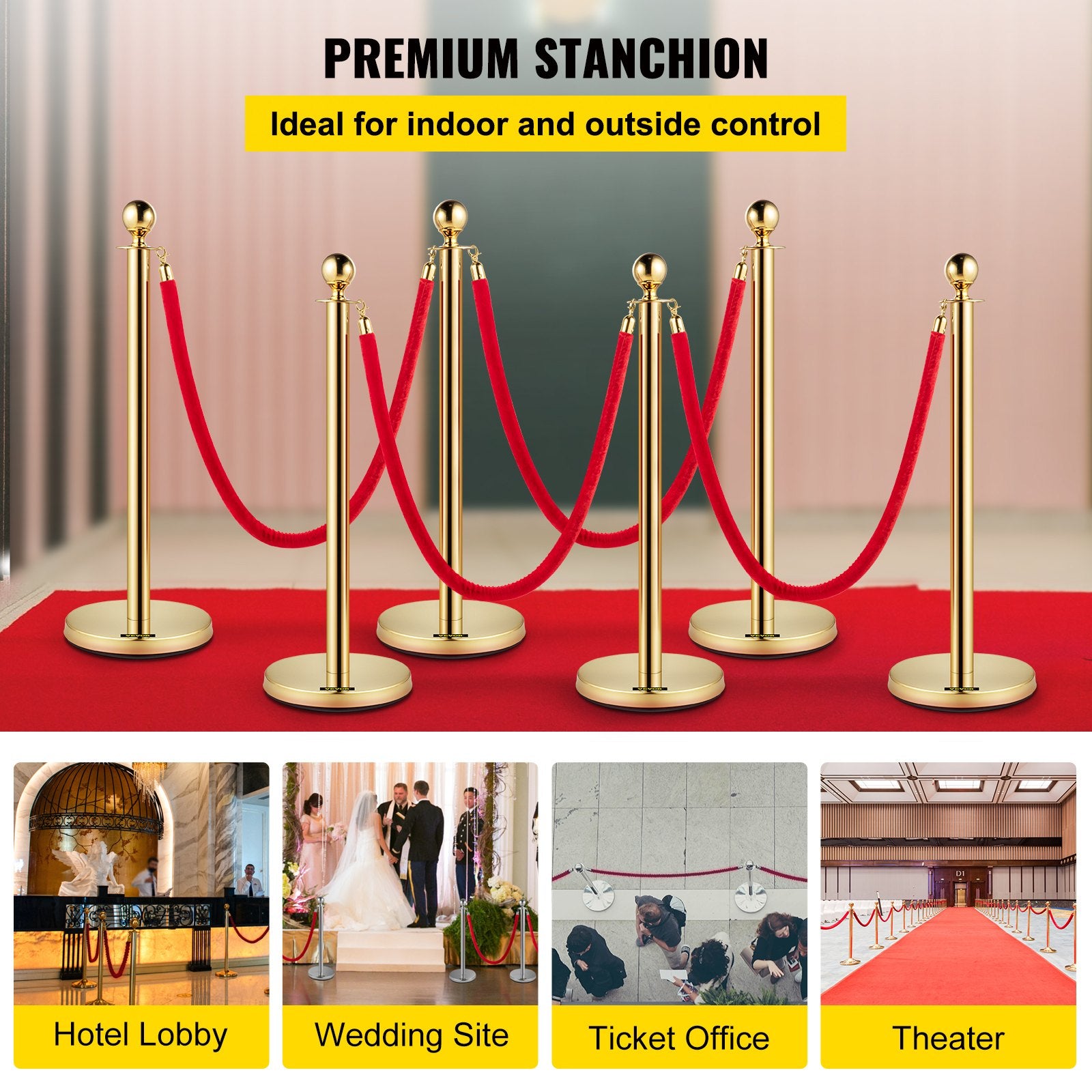 Elegant 6 PCS Gold Stanchions with Red Velvet Retractable Rope, Stainless Steel Posts for Indoor Outdoor Event Queue Management 38In