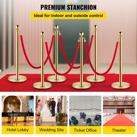 Elegant 6 PCS Gold Stanchions with Red Velvet Retractable Rope, Stainless Steel Posts for Indoor Outdoor Event Queue Management 38In
