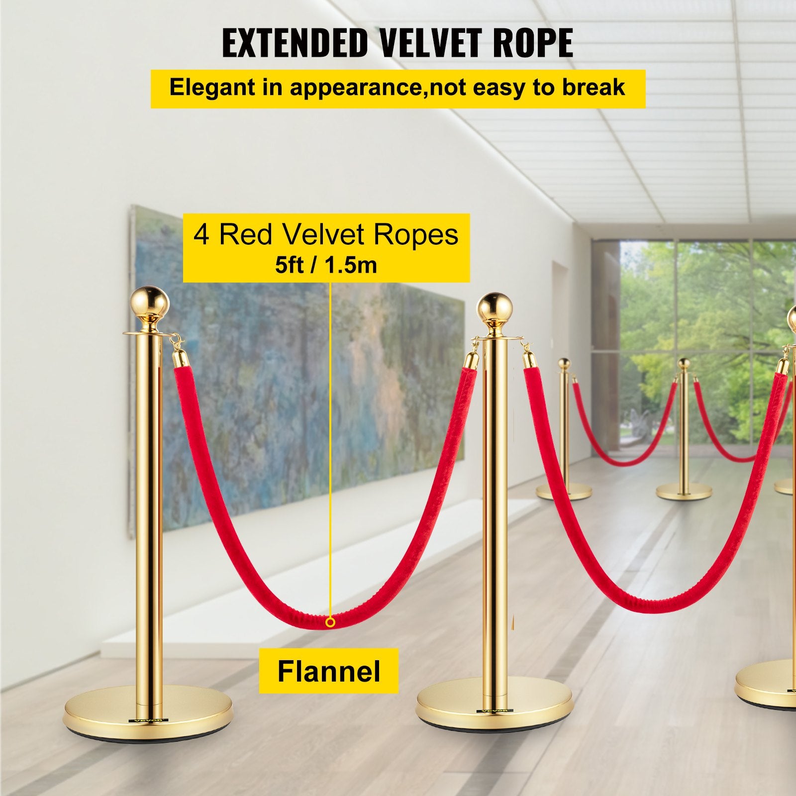Elegant 6 PCS Gold Stanchions with Red Velvet Retractable Rope, Stainless Steel Posts for Indoor Outdoor Event Queue Management 38In