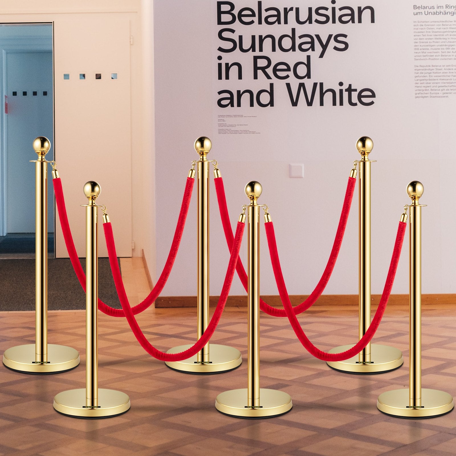Elegant 6 PCS Gold Stanchions with Red Velvet Retractable Rope, Stainless Steel Posts for Indoor Outdoor Event Queue Management 38In