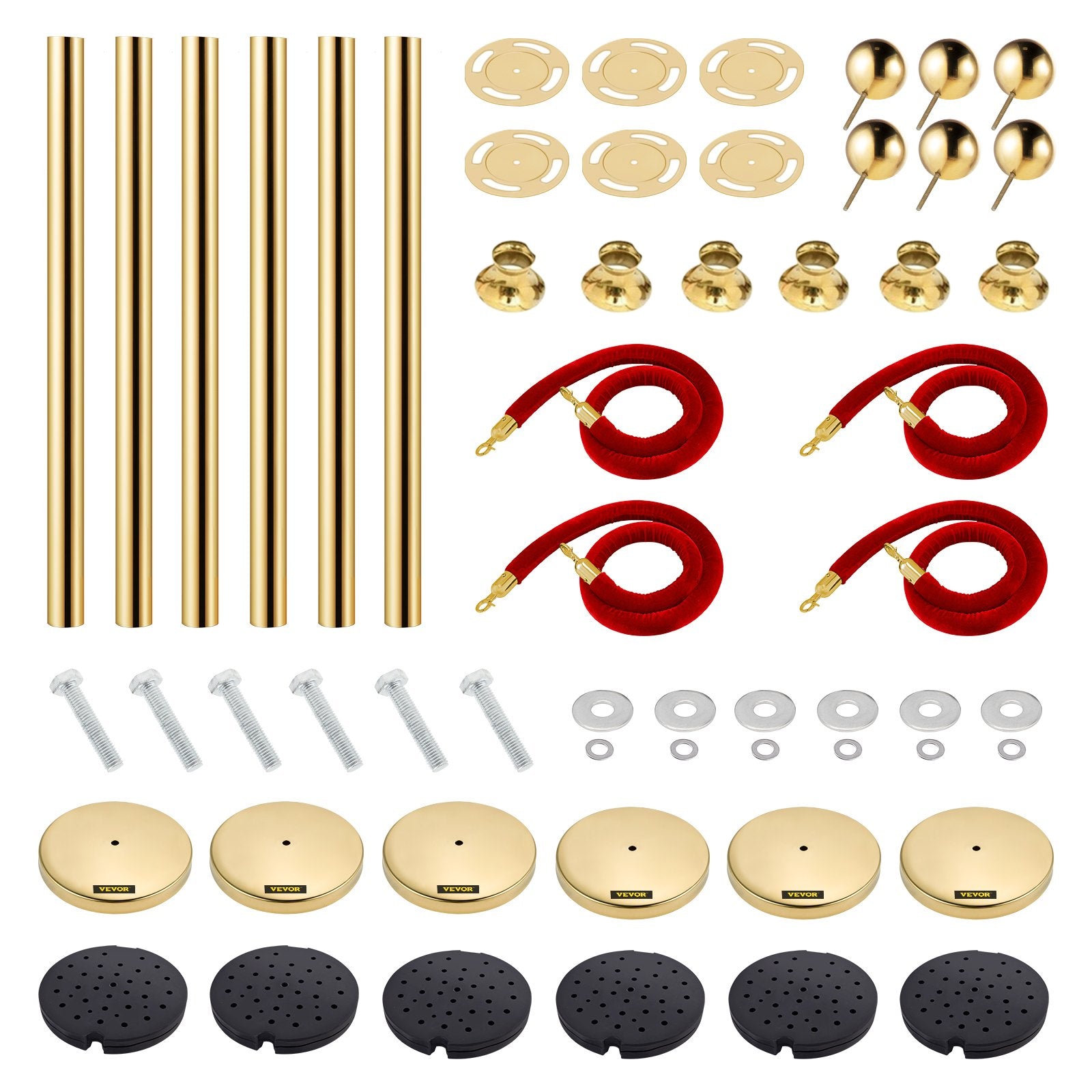 Elegant 6 PCS Gold Stanchions with Red Velvet Retractable Rope, Stainless Steel Posts for Indoor Outdoor Event Queue Management 38In