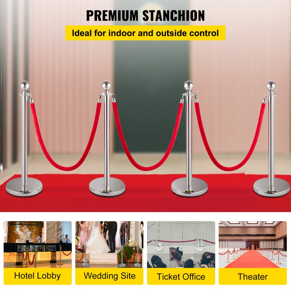 38-Inch Silver Stanchion Posts with Red Velvet Rope for Elegant Crowd Control - Set of 4 for Parties, Schools, and Hotels