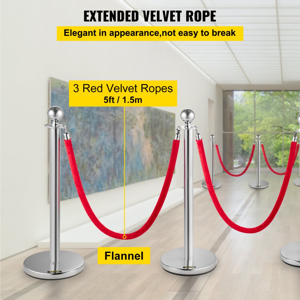 38-Inch Silver Stanchion Posts with Red Velvet Rope for Elegant Crowd Control - Set of 4 for Parties, Schools, and Hotels