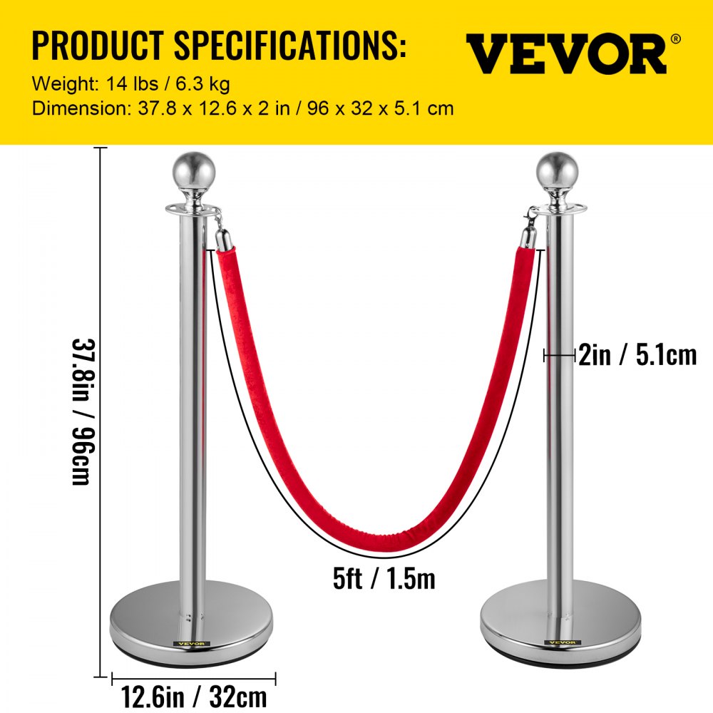 38-Inch Silver Stanchion Posts with Red Velvet Rope for Elegant Crowd Control - Set of 4 for Parties, Schools, and Hotels
