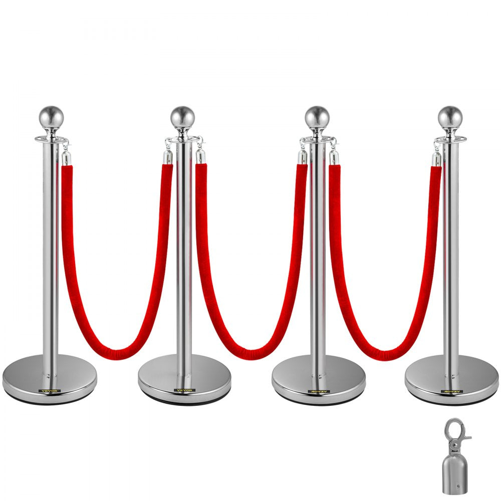 38-Inch Silver Stanchion Posts with Red Velvet Rope for Elegant Crowd Control - Set of 4 for Parties, Schools, and Hotels