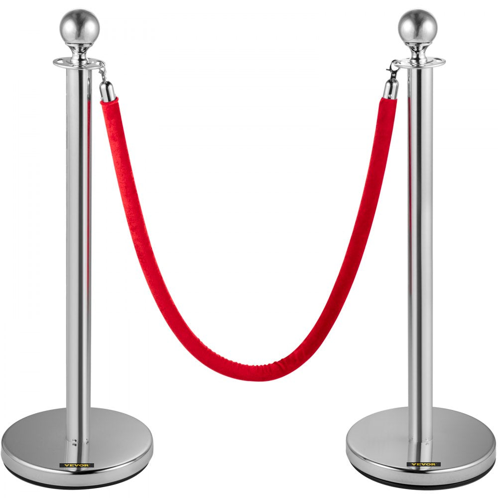 38-Inch Silver Stanchion Posts with Red Velvet Rope for Elegant Crowd Control - Set of 4 for Parties, Schools, and Hotels
