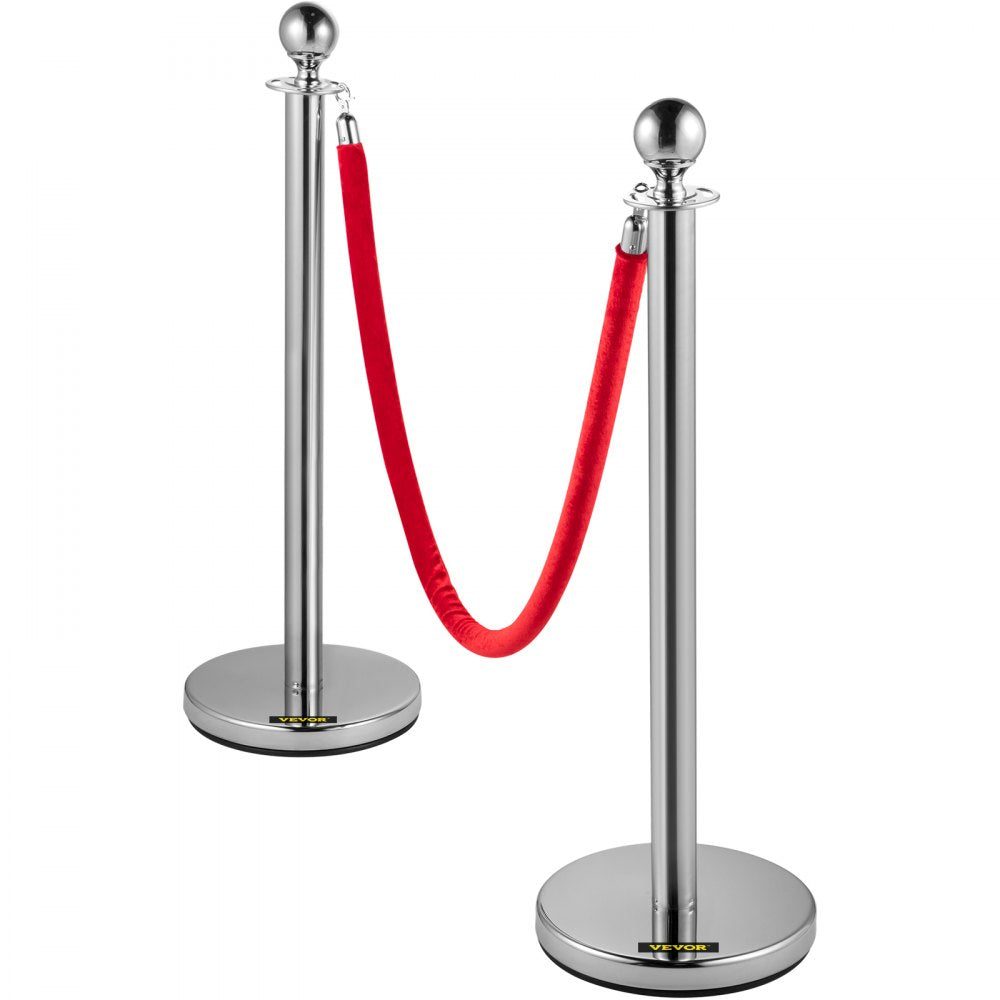 38-Inch Silver Stanchion Posts with Red Velvet Rope for Elegant Crowd Control - Set of 4 for Parties, Schools, and Hotels