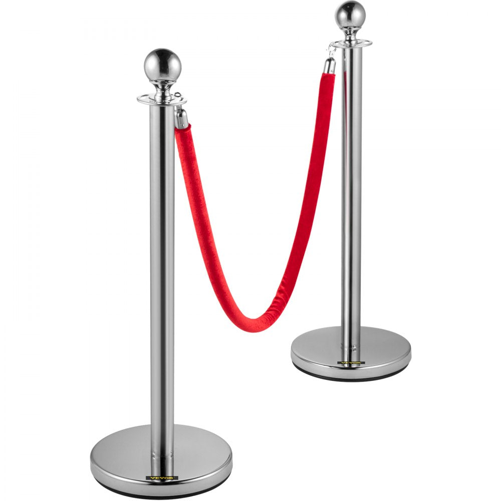 38-Inch Silver Stanchion Posts with Red Velvet Rope for Elegant Crowd Control - Set of 4 for Parties, Schools, and Hotels