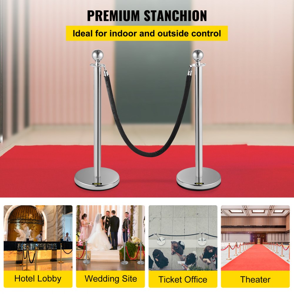 VEVOR Crowd Control Stanchion, Set of 2 Pieces Stanchion, Stanchion Set with 5 ft/1.5 m Black Velvet Rope, Silver Crowd Control Barrier w/Sturdy Concrete and Metal Base – Easy Connect Assembly