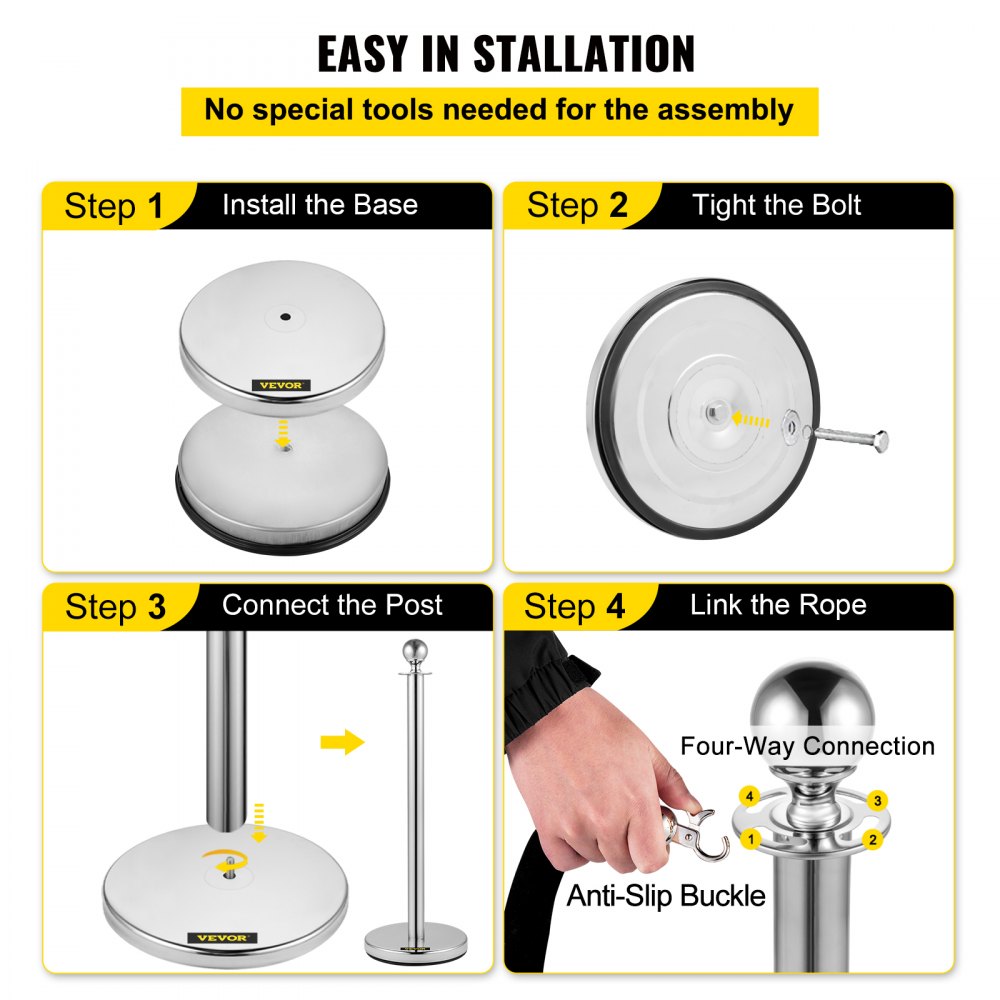 VEVOR Crowd Control Stanchion, Set of 2 Pieces Stanchion, Stanchion Set with 5 ft/1.5 m Black Velvet Rope, Silver Crowd Control Barrier w/Sturdy Concrete and Metal Base – Easy Connect Assembly