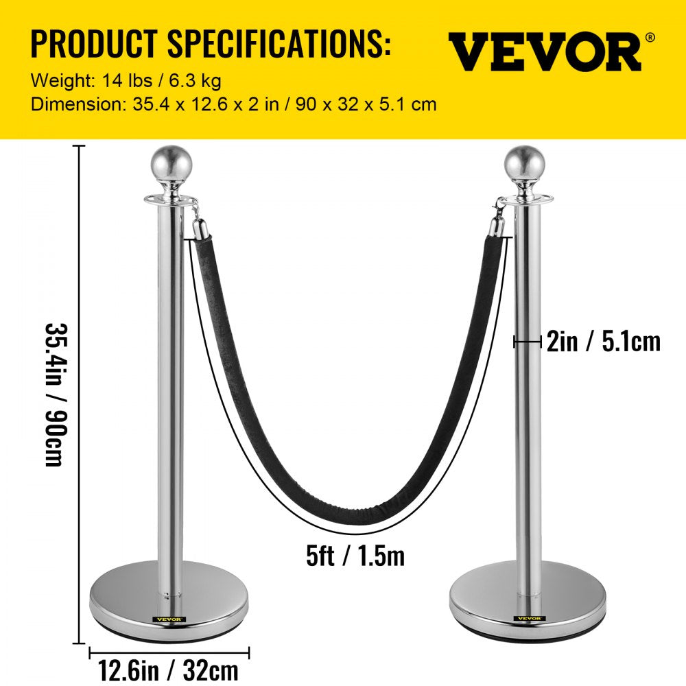 VEVOR Crowd Control Stanchion, Set of 2 Pieces Stanchion, Stanchion Set with 5 ft/1.5 m Black Velvet Rope, Silver Crowd Control Barrier w/Sturdy Concrete and Metal Base – Easy Connect Assembly