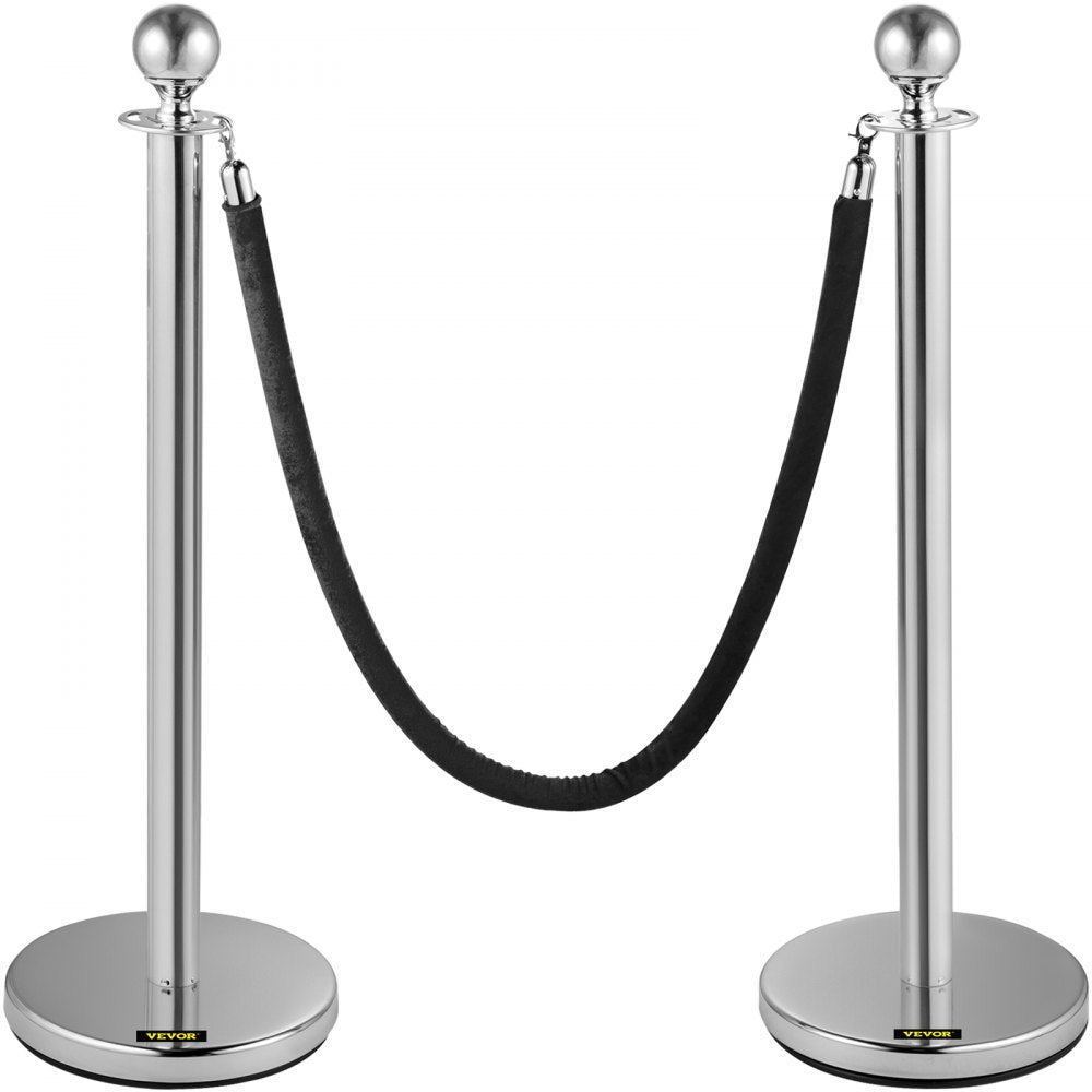 VEVOR Crowd Control Stanchion, Set of 2 Pieces Stanchion, Stanchion Set with 5 ft/1.5 m Black Velvet Rope, Silver Crowd Control Barrier w/Sturdy Concrete and Metal Base – Easy Connect Assembly