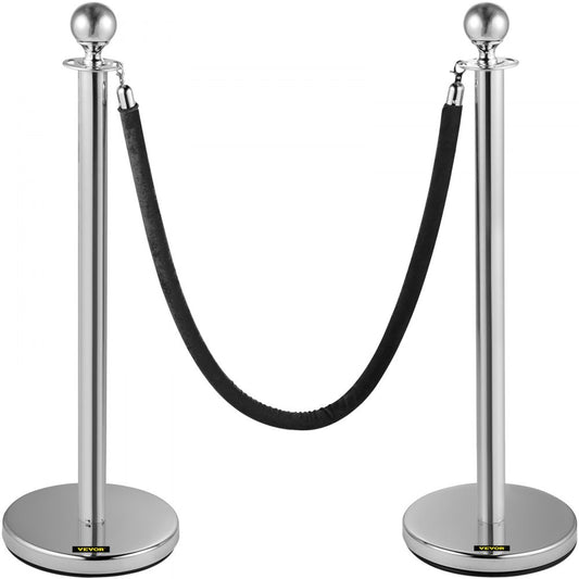 VEVOR Crowd Control Stanchion, Set of 2 Pieces Stanchion, Stanchion Set with 5 ft/1.5 m Black Velvet Rope, Silver Crowd Control Barrier w/Sturdy Concrete and Metal Base – Easy Connect Assembly