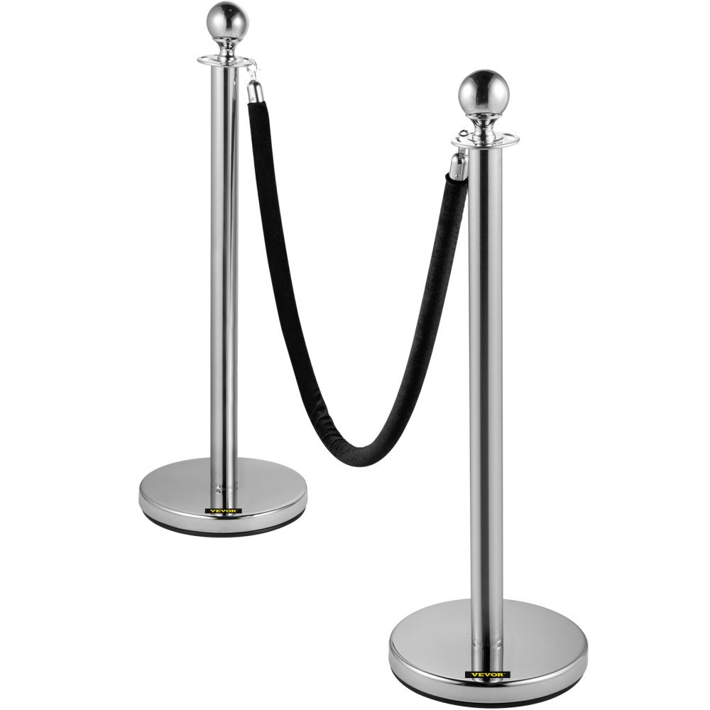 VEVOR Crowd Control Stanchion, Set of 2 Pieces Stanchion, Stanchion Set with 5 ft/1.5 m Black Velvet Rope, Silver Crowd Control Barrier w/Sturdy Concrete and Metal Base – Easy Connect Assembly