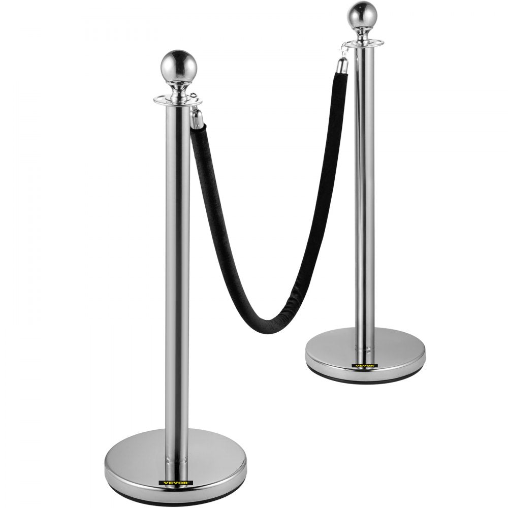 VEVOR Crowd Control Stanchion, Set of 2 Pieces Stanchion, Stanchion Set with 5 ft/1.5 m Black Velvet Rope, Silver Crowd Control Barrier w/Sturdy Concrete and Metal Base – Easy Connect Assembly