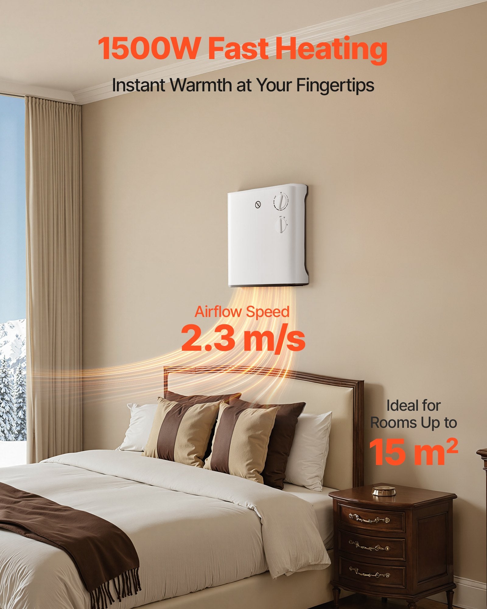 Compact 1500W Smart Wall-Mounted Electric Heater, Adjustable Knob, 3 Modes, Anti-Tip, Overheat Safe for Home, Office, Bathroom